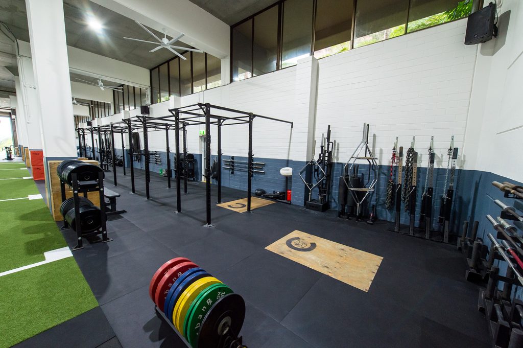 Power racks, weight plates and lifting platform on the strength floor